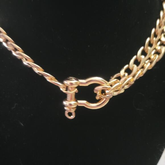 Gold tone asymmetrical layered cuban chain shackle necklace - Picture 2 of 3